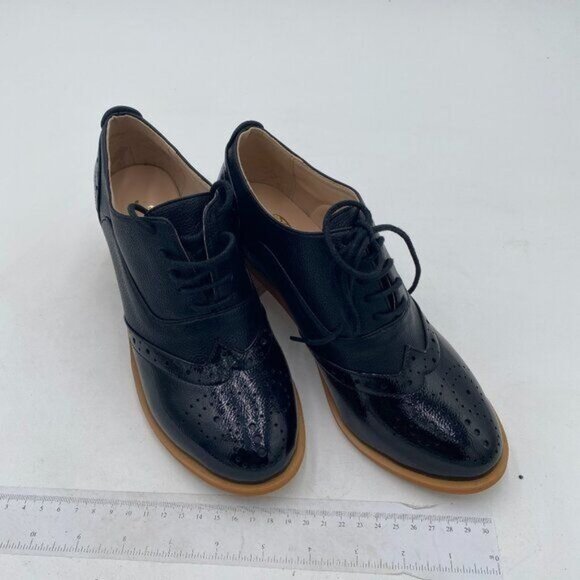 FOWT Black Perforated Lace-Up Oxfords Almond Toe Chunky Heel Brogues Shoes - Picture 4 of 8